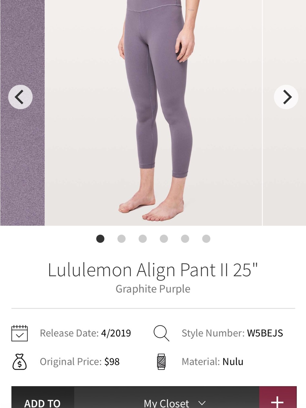Lululemon Align Pant II 25"
Graphite Purple
